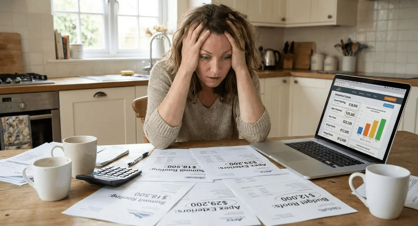 Stressed homeowner reviewing an instant roof quote and unexpected costs.