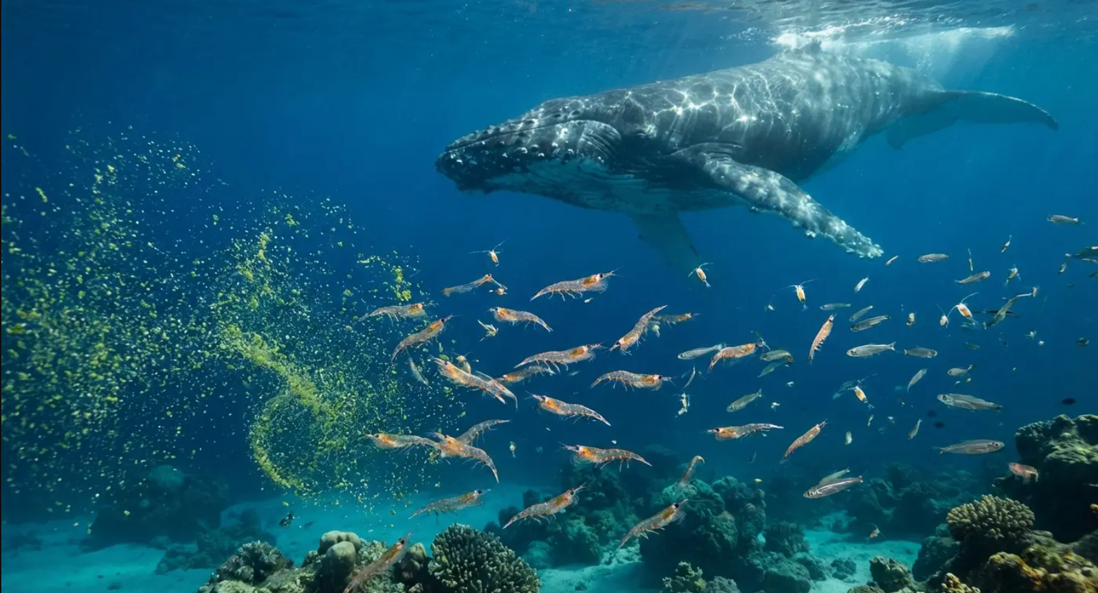 Humpback whale swims above a coral reef, surrounded by a school of fish and a bubble net.