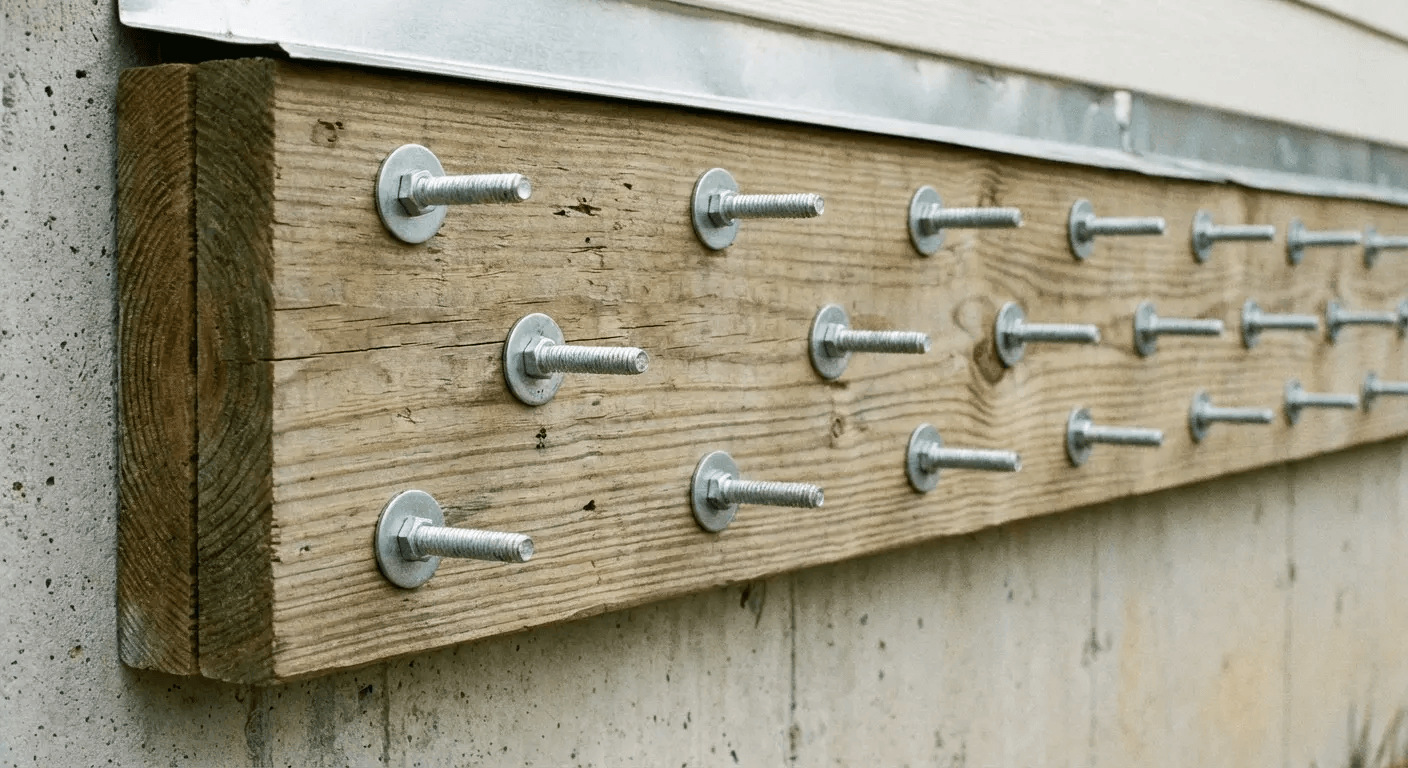 Metal brackets with rows of silver bolts fastened to a weathered wooden beam outdoors
