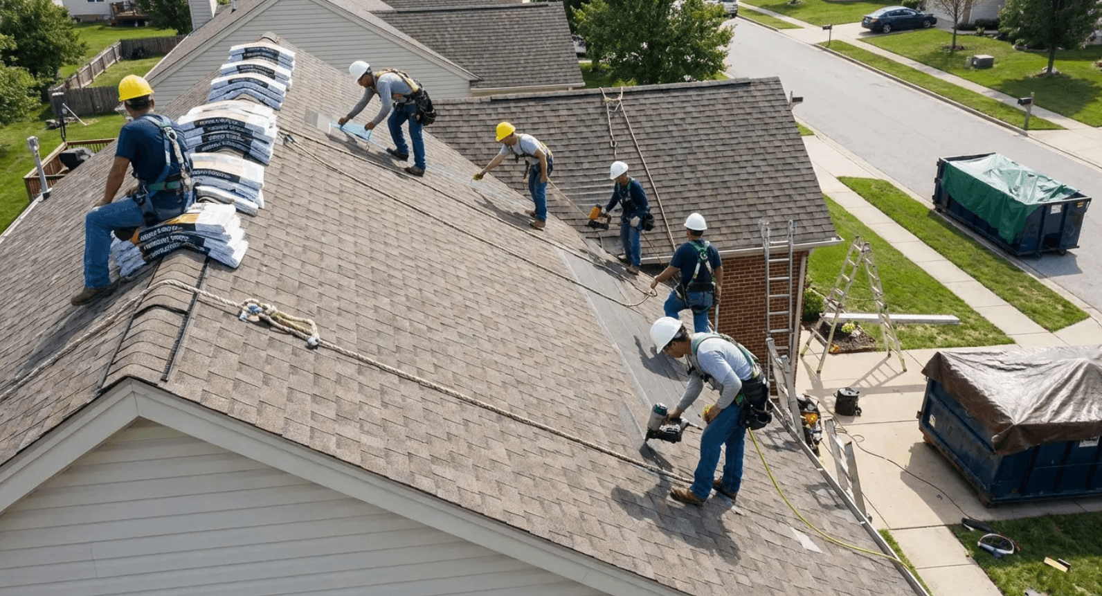 Roofing crew installing asphalt shingles on a home, highlighting the importance of installation quality over material choice.