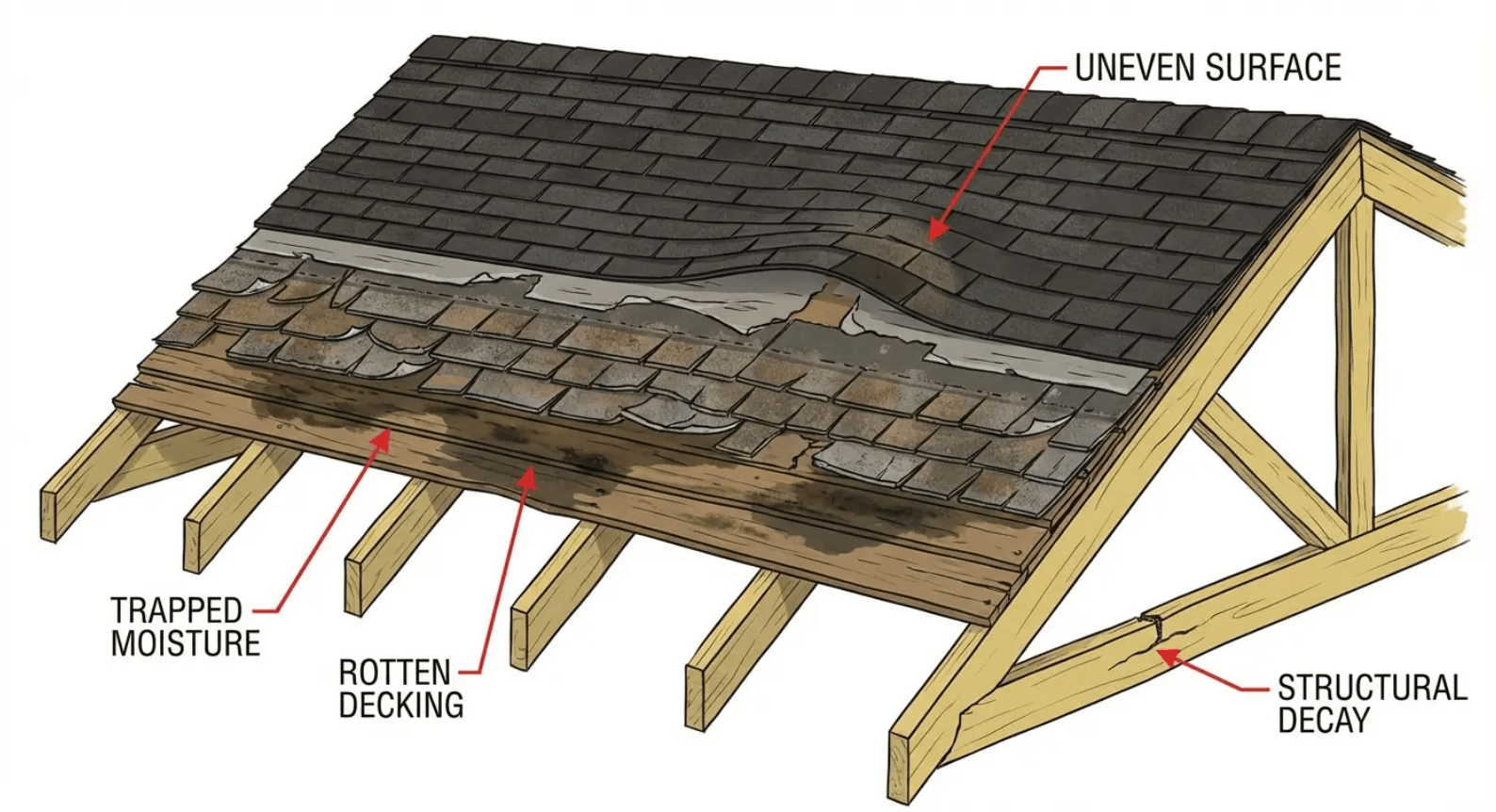 Diagram of a damaged roof with uneven surface, rotten decking, trapped moisture, and structural decay