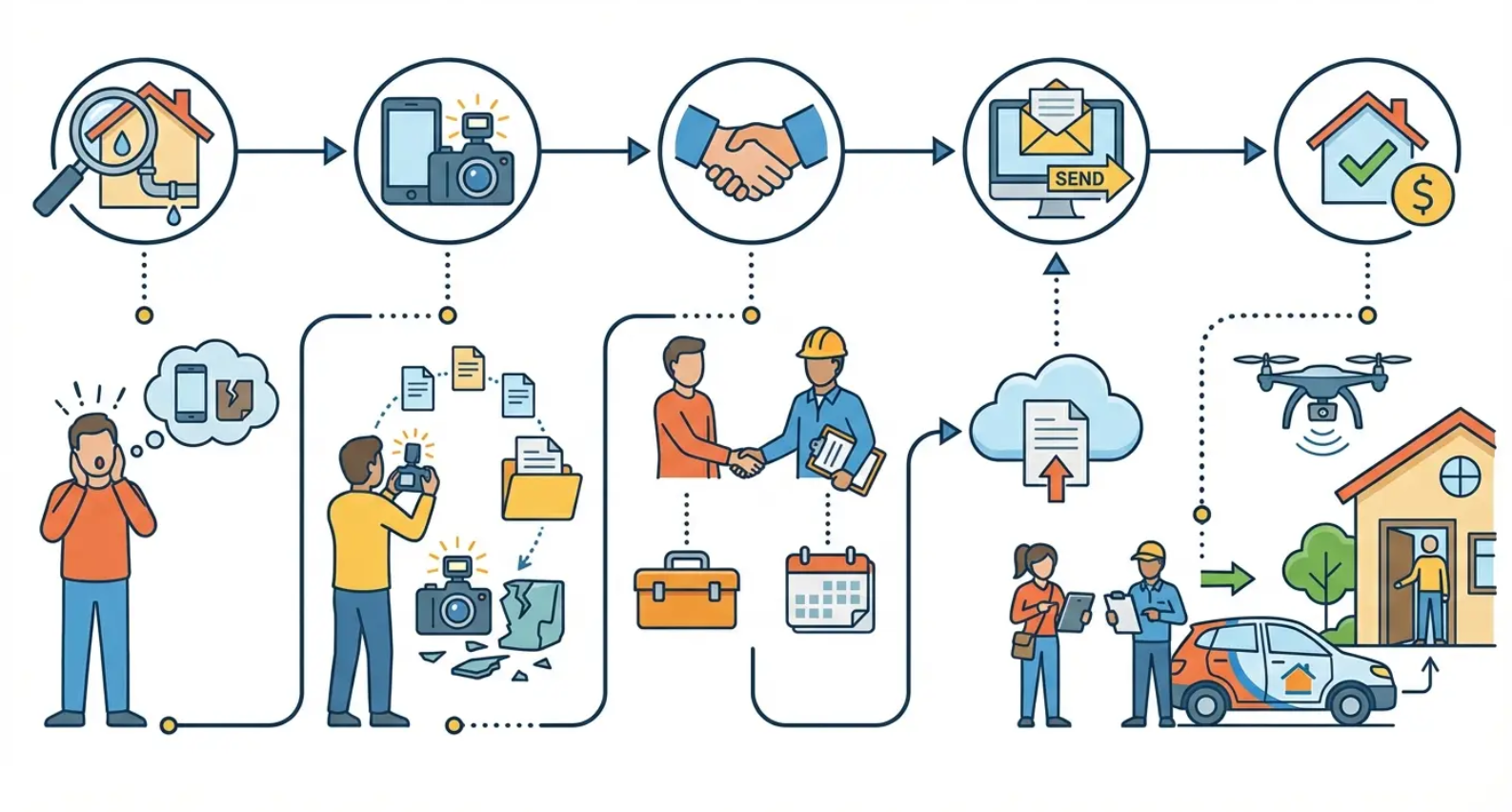 Insurance claims workflow infographic with icons of agent, documents, handshake, computer, payment, and home auto support
