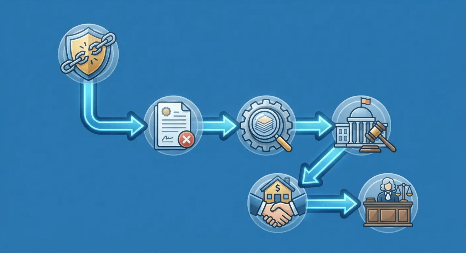 Blue workflow diagram with icons showing document review, approval, and a transfer to a bank-like building