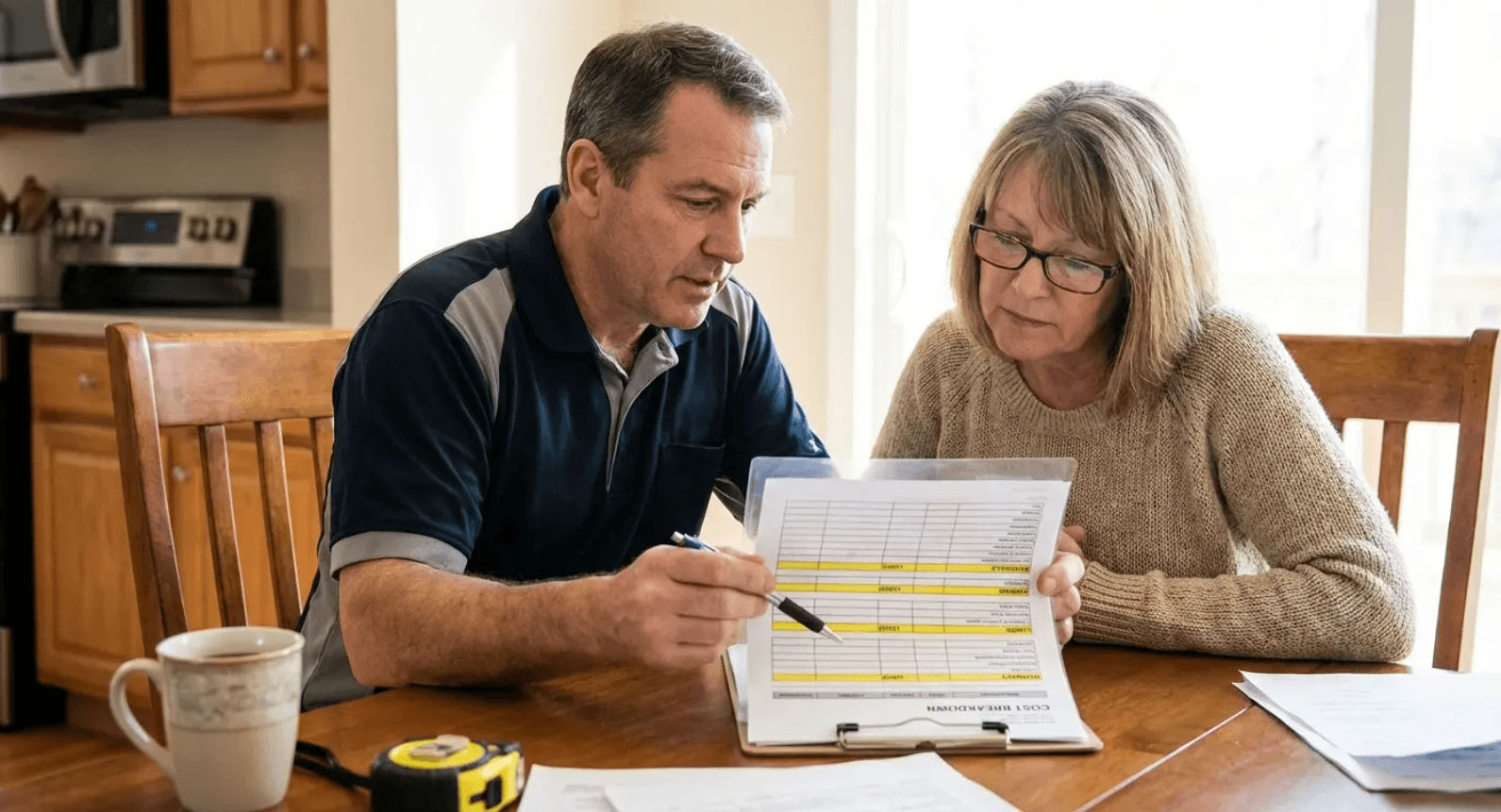 Homeowners reviewing a detailed roofing estimate to understand exactly what they're paying for