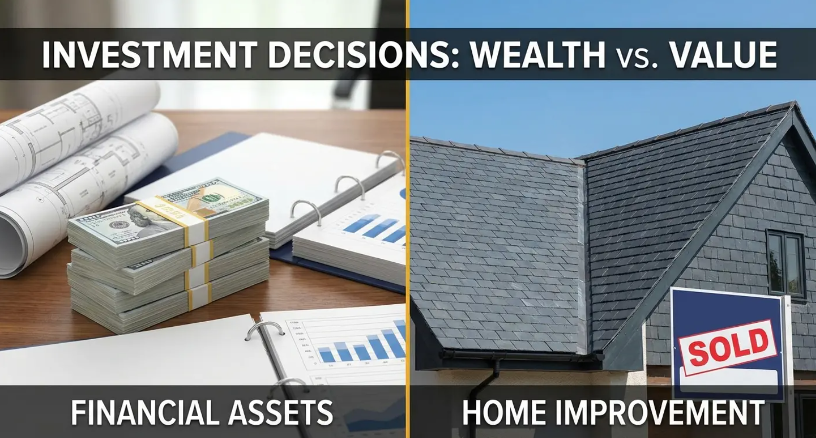 Split-screen graphic: financial assets and home improvement under “Investment Decisions: Wealth vs. Value”