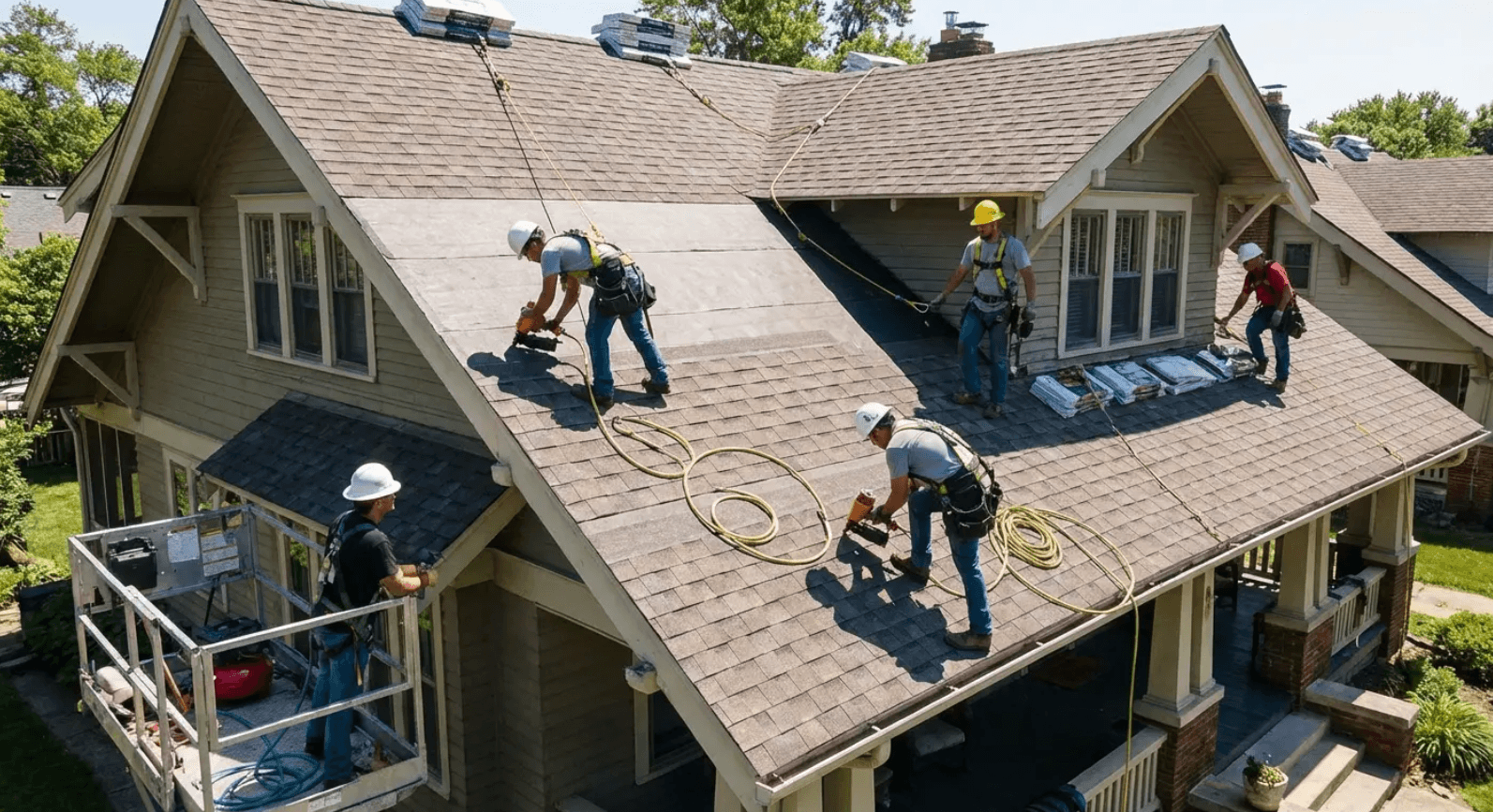Roofing crew working a multi-pitch house - equipment, labor, and disposal costs all factored into every job