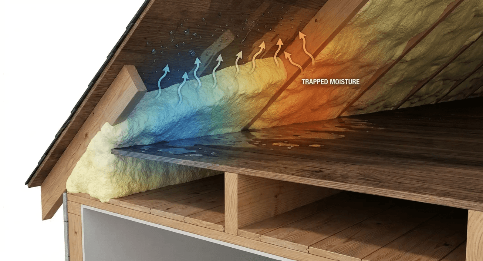 Color-coded airflow diagram under a roof eave showing ventilation and air movement from blue to orange