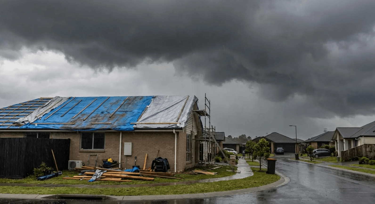 Storm clouds over a house with a roof under repair, highlighting contractor timelines and how long does it take to replace a roof