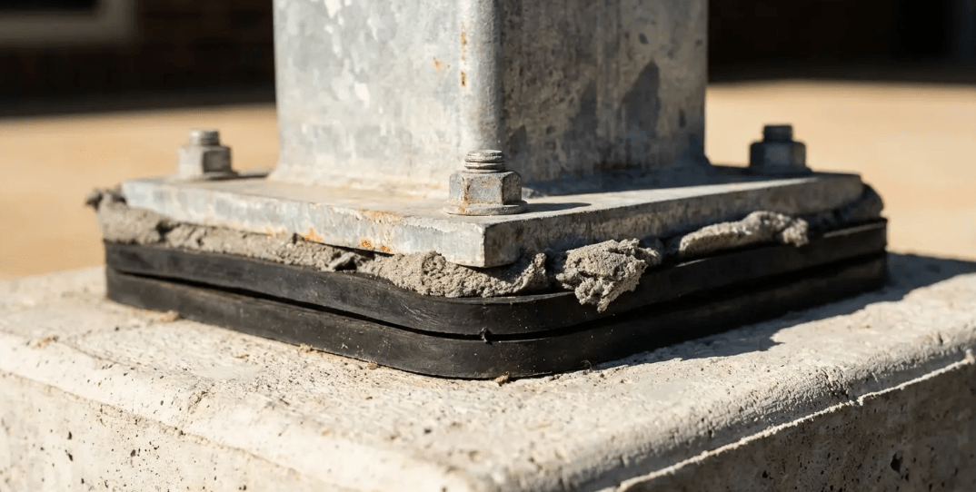 Close-up of metal post base illustrating thermal bridging issues in poorly designed extension patio roof ideas