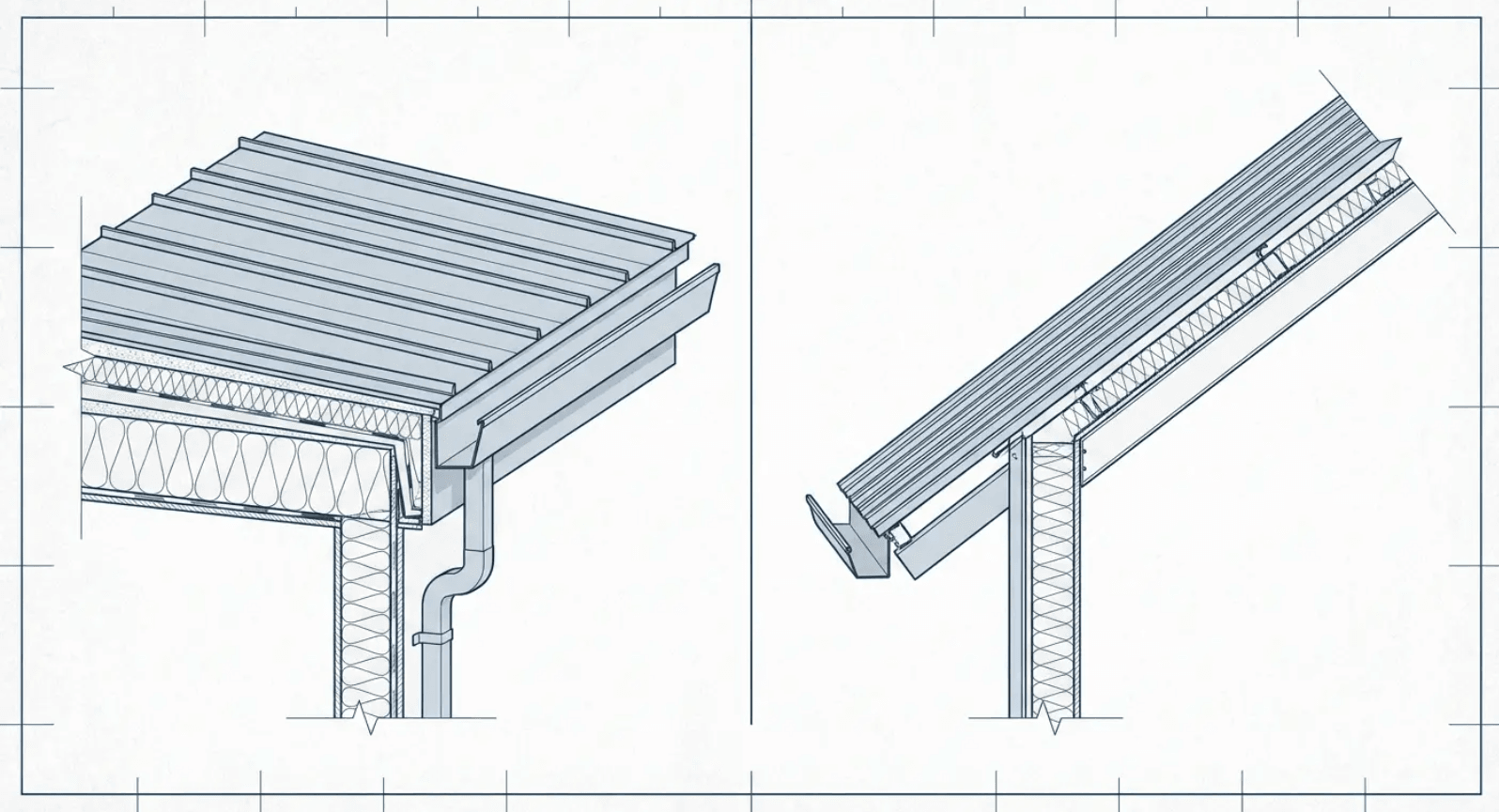 Architectural blueprint of a slatted roof canopy and support post, shown in two angled views