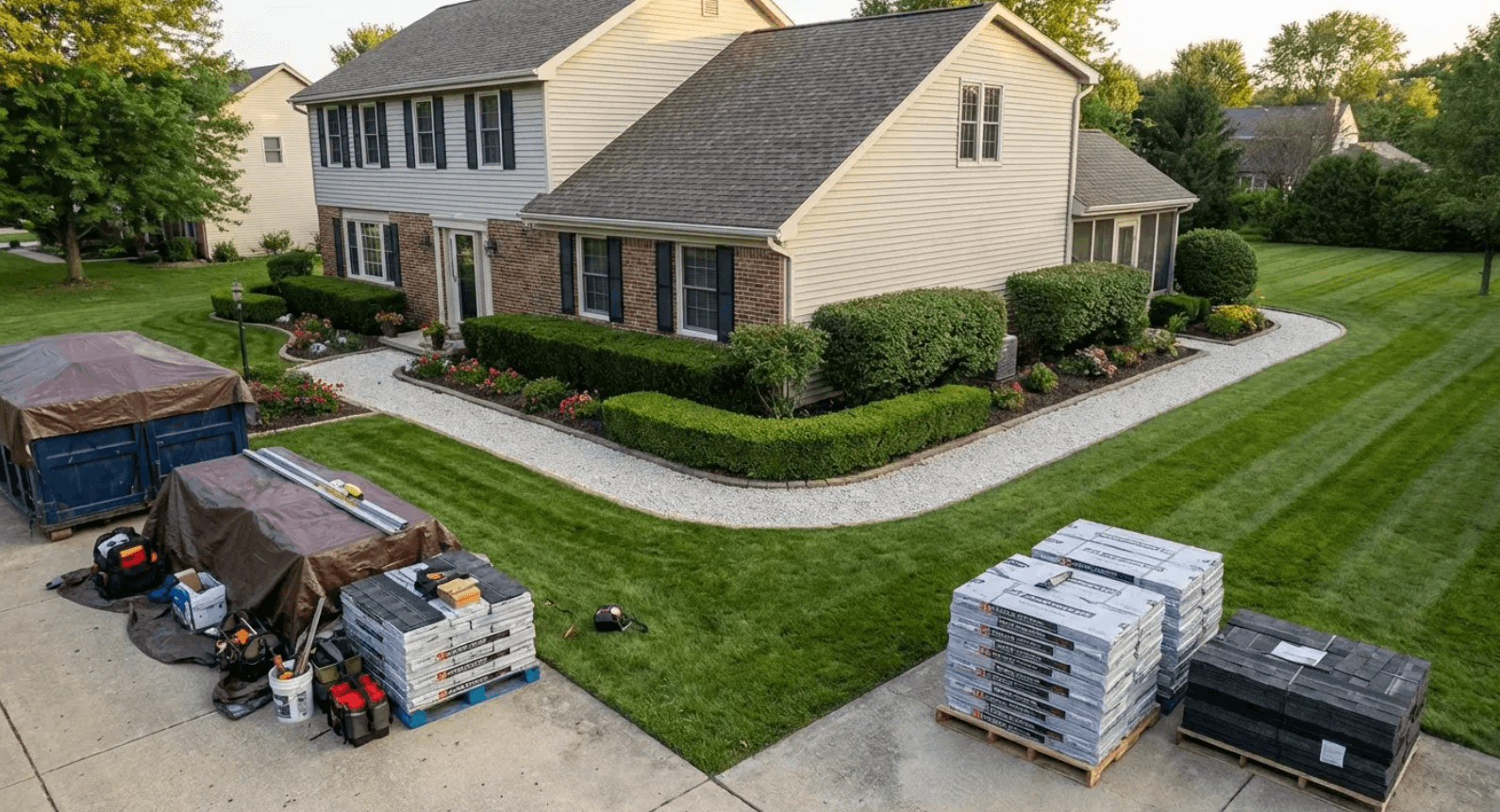 Roofing materials staged at a home before replacement, showing preparation that affects how long does it take to replace a roof.