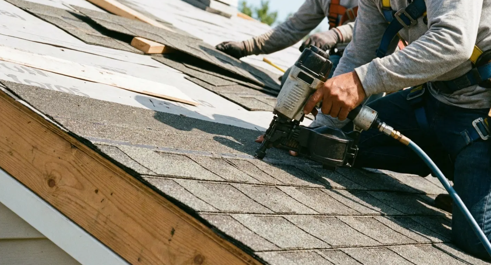Roofers nailing shingles on a sloped roof during repair work