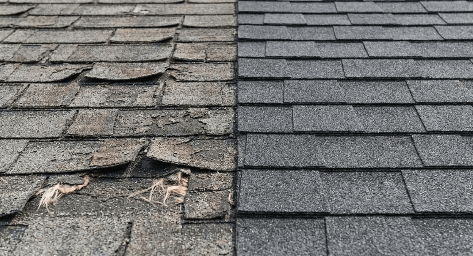 Damaged roof shingles with missing sections beside intact gray shingles
