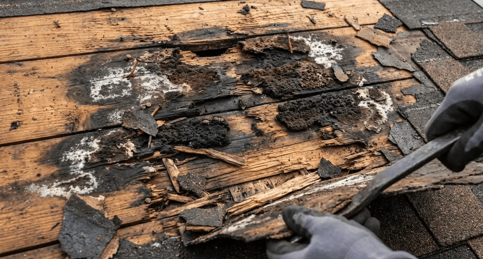 Gloved hands scraping charred roofing from a damaged wooden roof deck