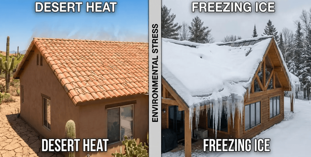 Split image of a desert house under heat and a snowy cabin labeled freezing ice.