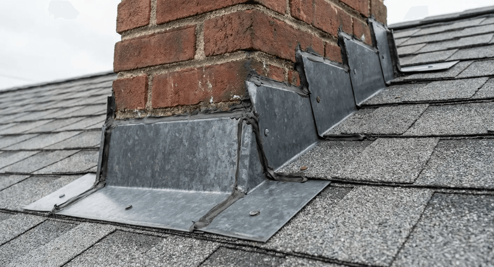 Damaged roof flashing around a brick chimney on gray asphalt shingles