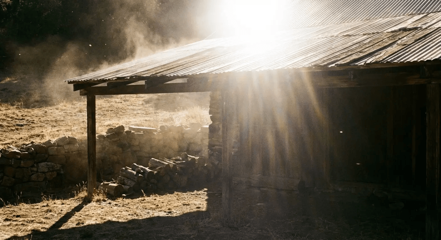 Sunlit rustic shed with corrugated roof, dust swirling around the wooden porch and yard