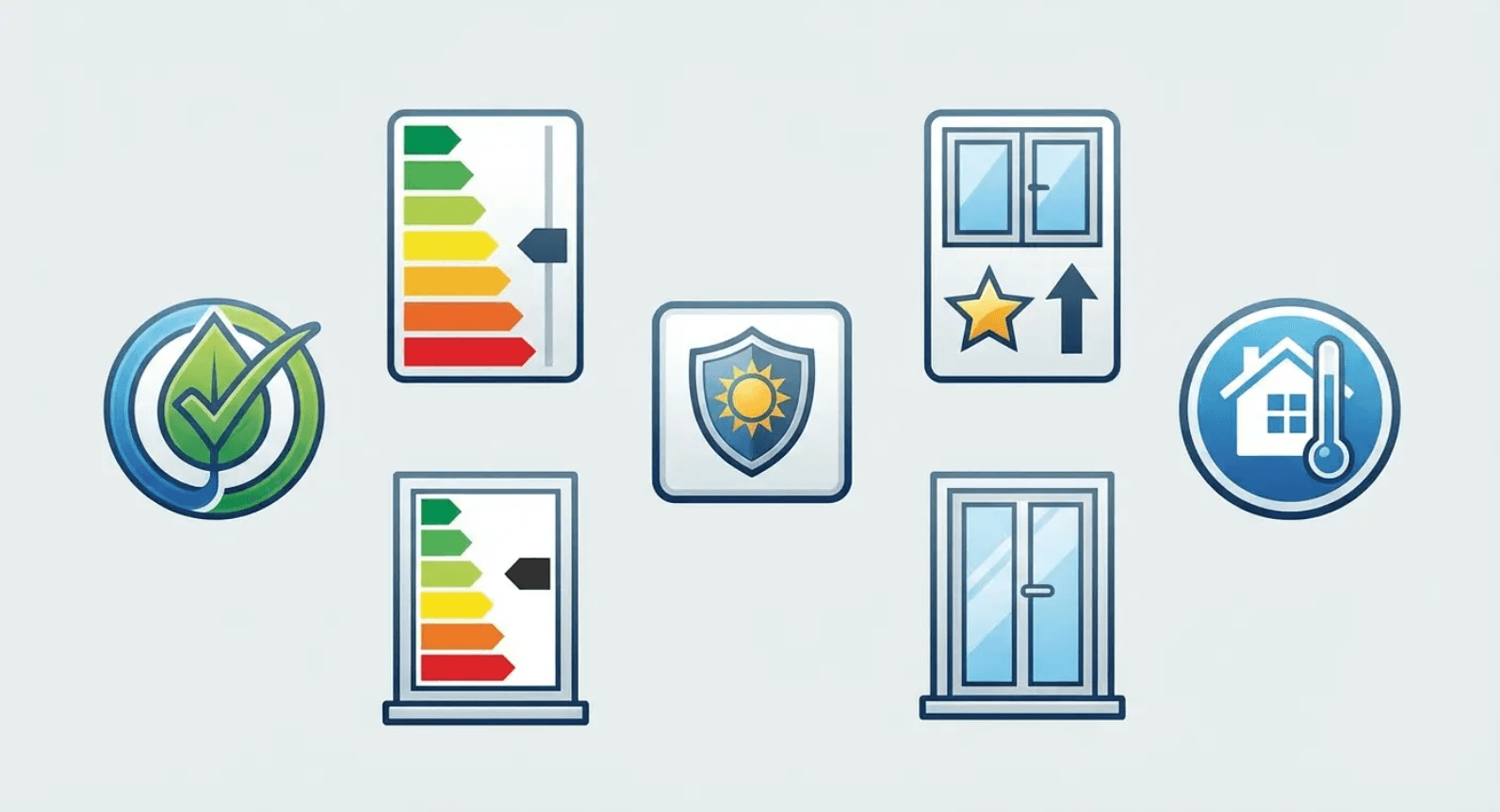 Row of home energy icons with green checkmark, rating bars, shield, windows, and a blue house emblem