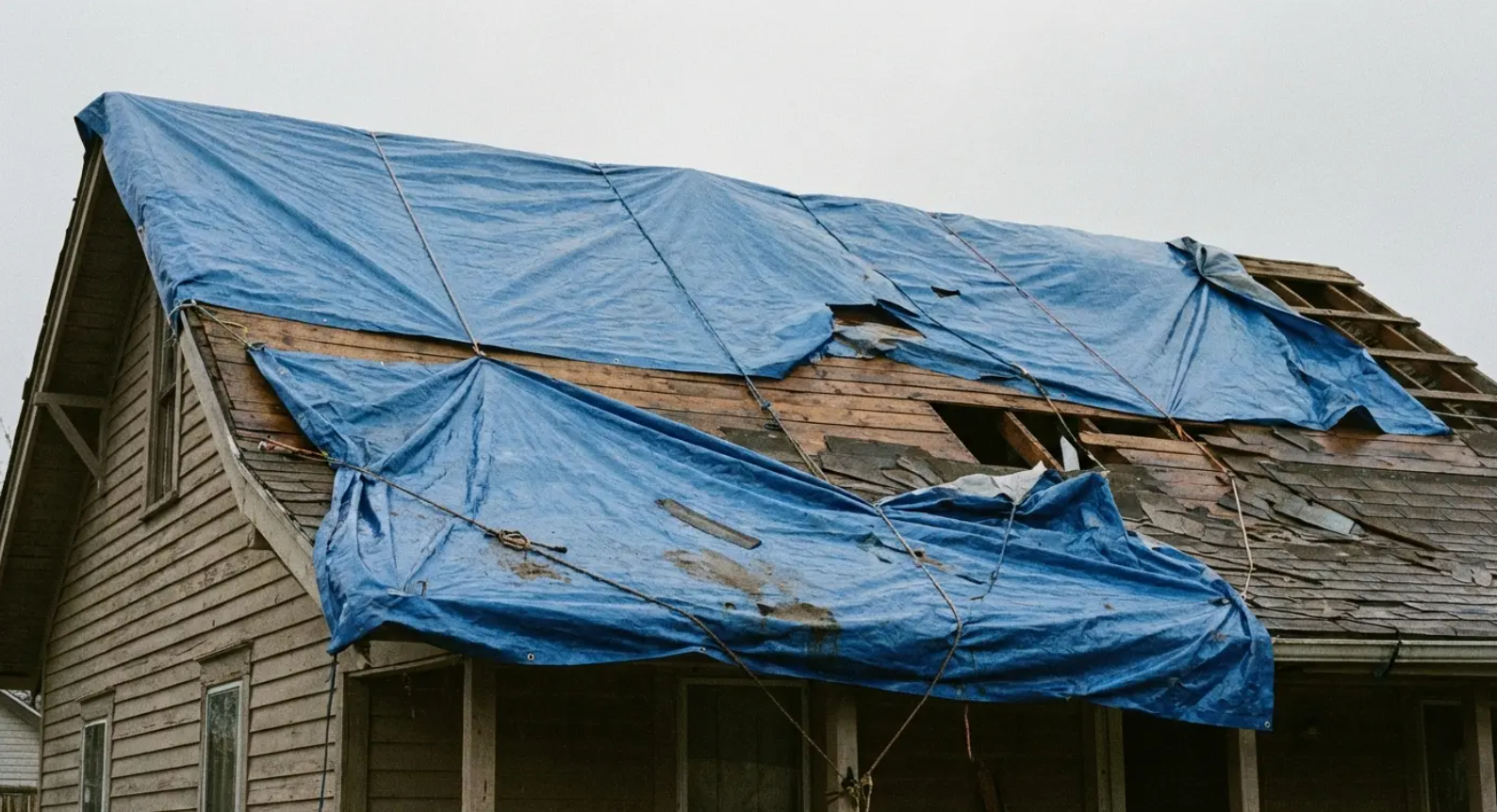 House roof covered with blue tarps, showing storm damage and repairs