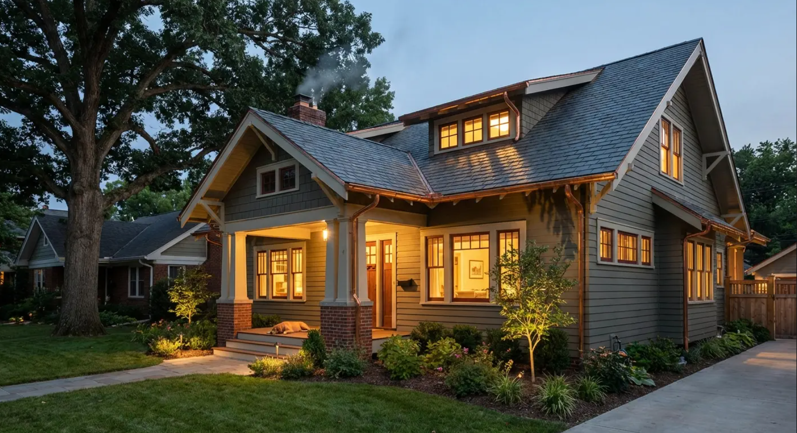 Cozy Craftsman home at dusk, green siding, warm interior lights, landscaped yard, and a driveway.