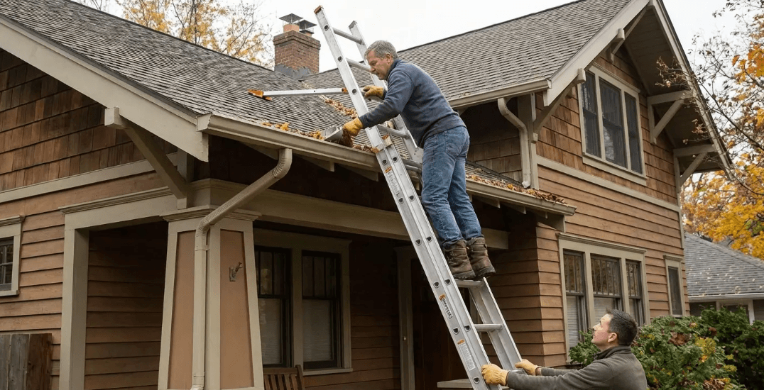 Homeowner cleaning gutters on a ladder highlighting maintenance challenges of deep roof overhang ideas