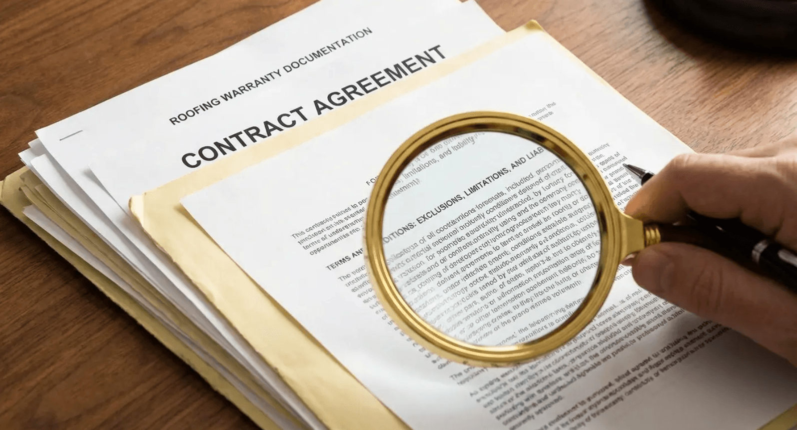 Magnifying glass over a contract agreement on a desk, examining fine print