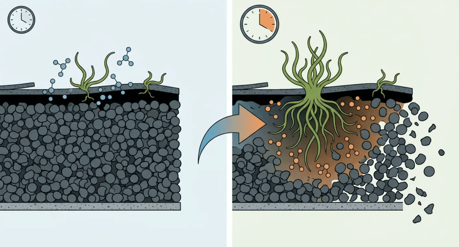 Two-stage soil cross-section showing a small plant growing and roots spreading downward over time