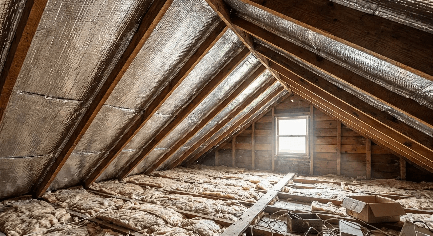 Inside a dusty attic with exposed rafters, insulation, and a small window letting in light