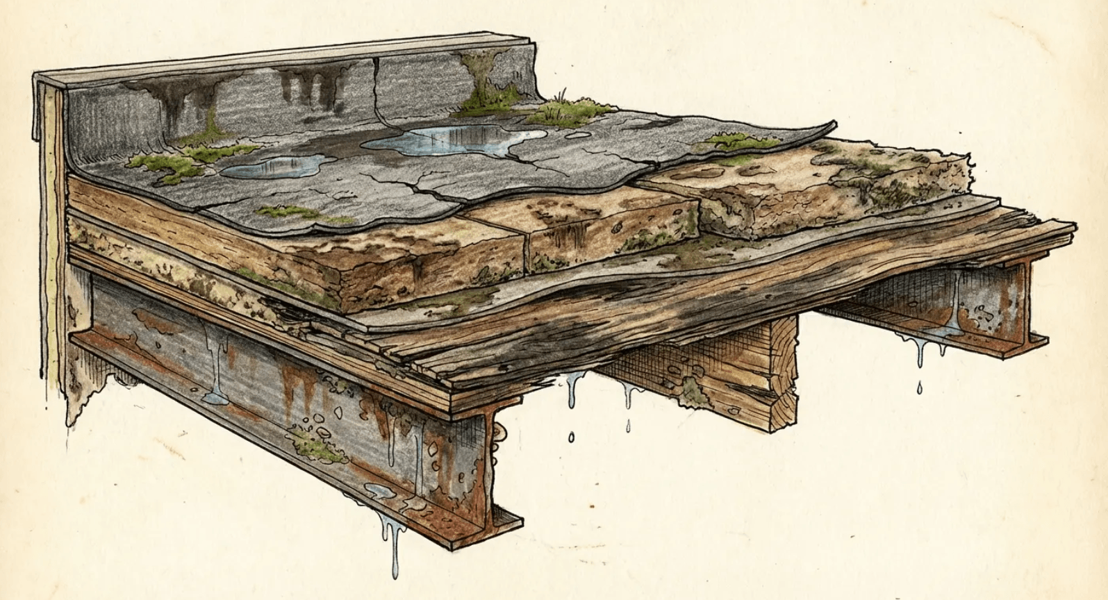 Flat roof layers showing water damage and insulation breakdown contributing to rising flat roof
