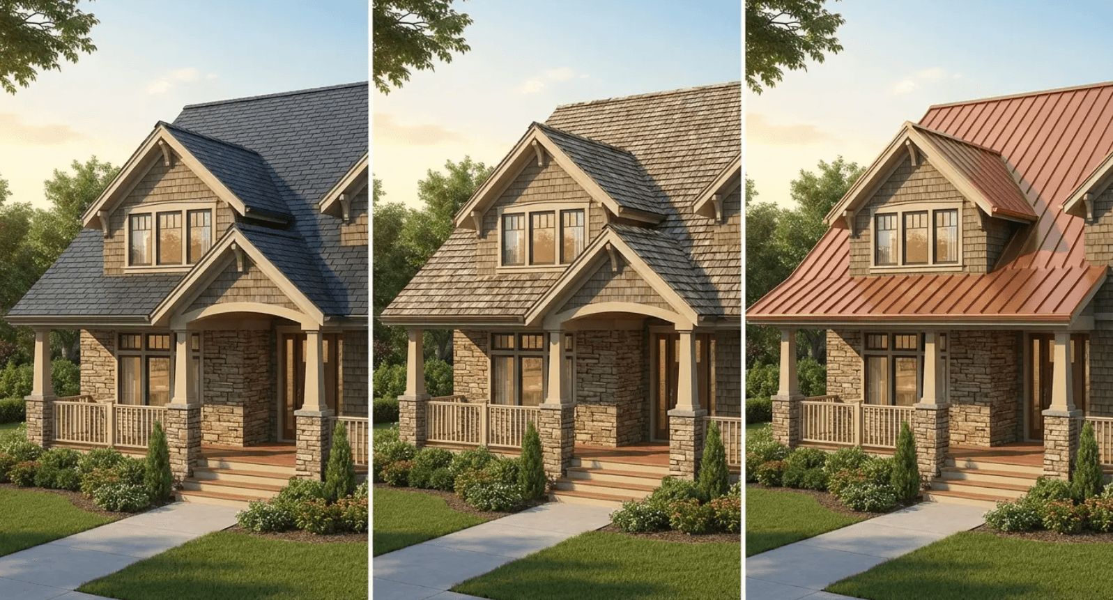 Three exterior views of a stone house with different roof colors and siding styles on the same front lawn.