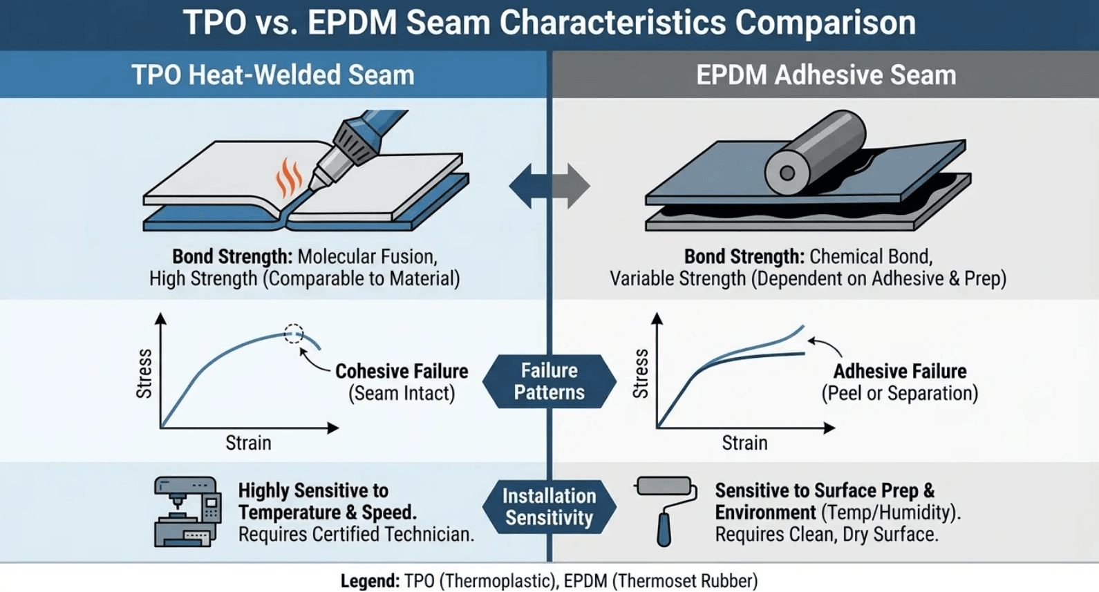 TPO vs EPDM seam comparison showing heat-welded vs adhesive seams in commercial roofing.