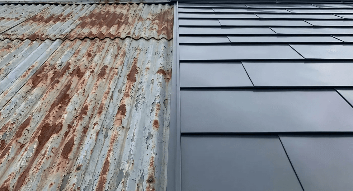 Metal roof coating failure and rust damage