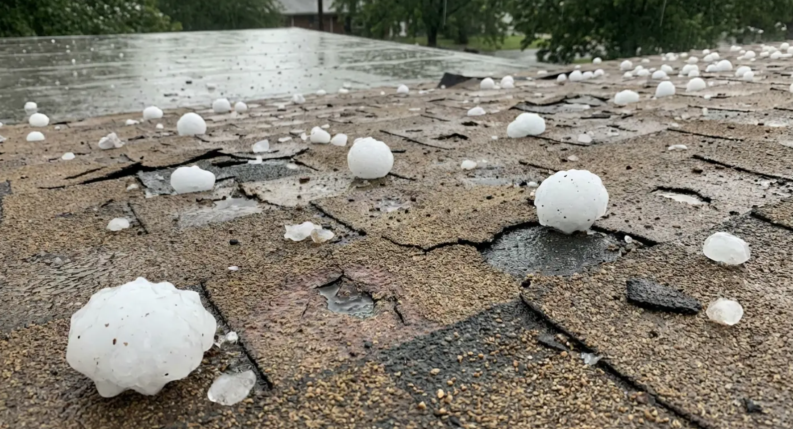 Large white hailstones scattered across a wet rooftop near trees after a hailstorm