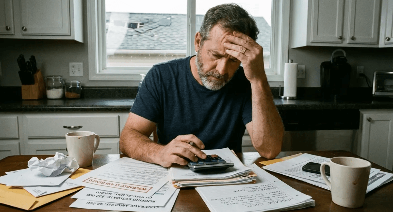 Stressed homeowner calculating unexpected roofing upgrade costs