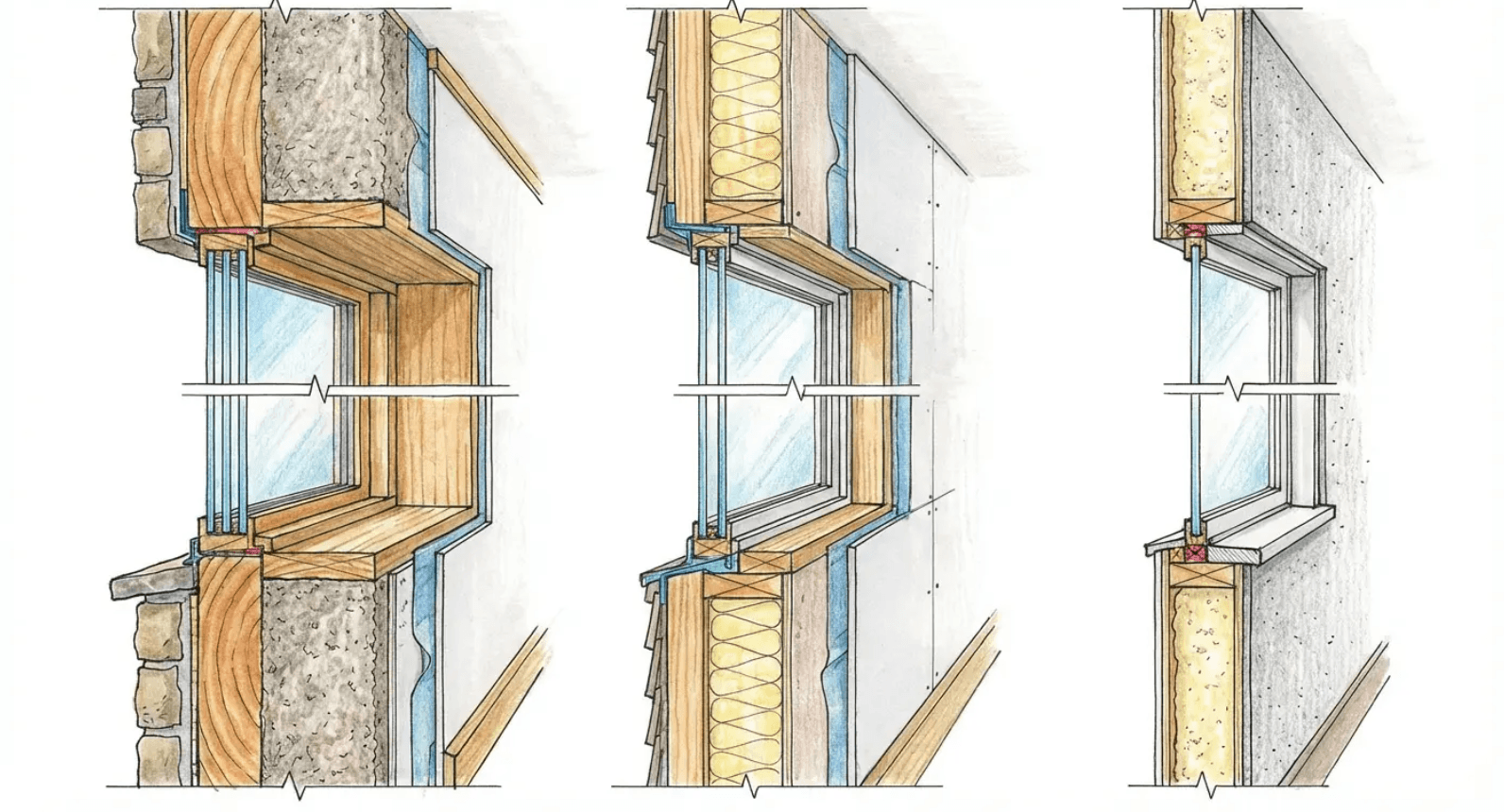 Three cutaway window wall sections showing insulation, framing, and exterior cladding layers