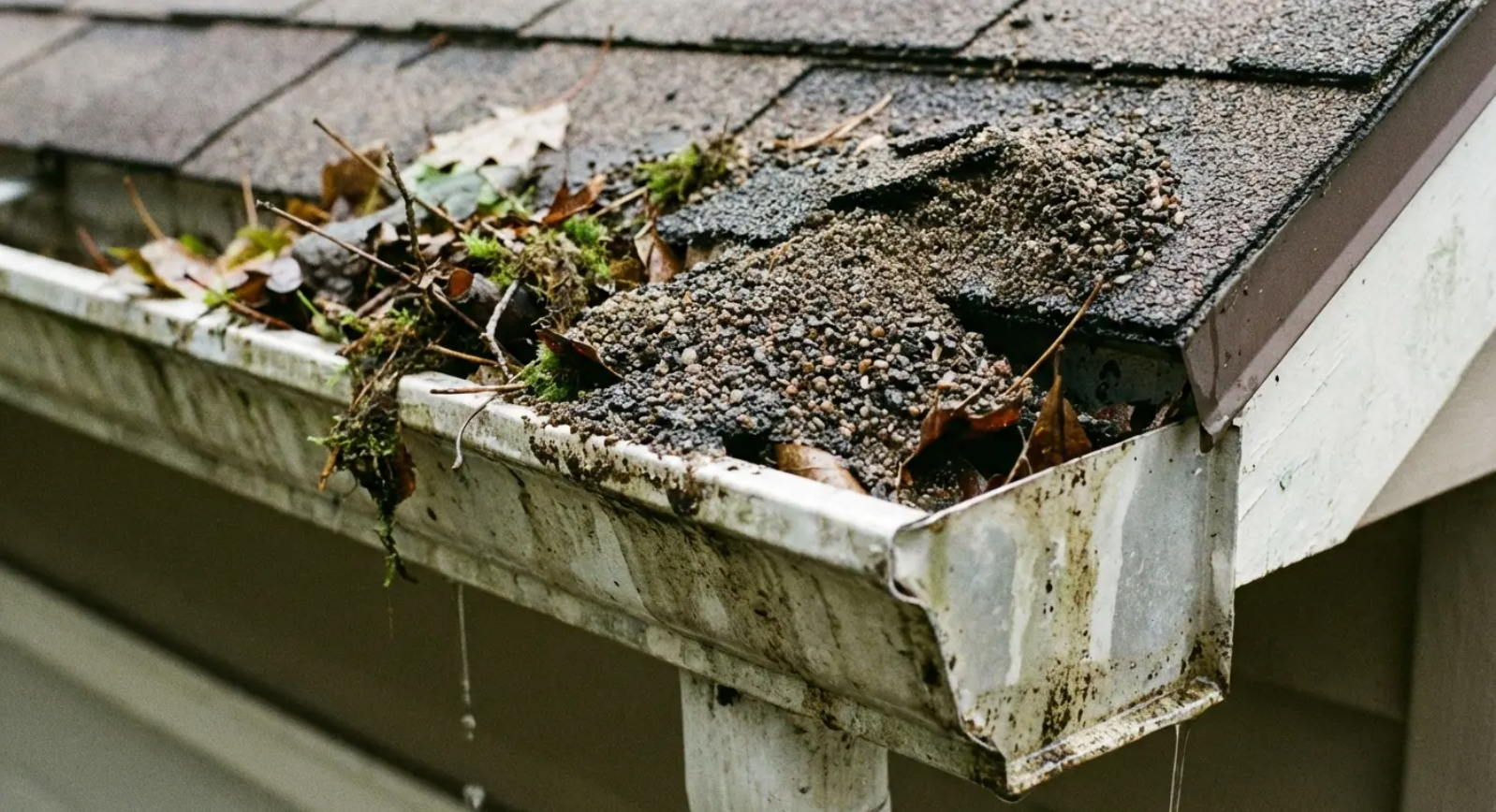 Clogged gutter overflowing with leaves, debris, and gravel against a roof.