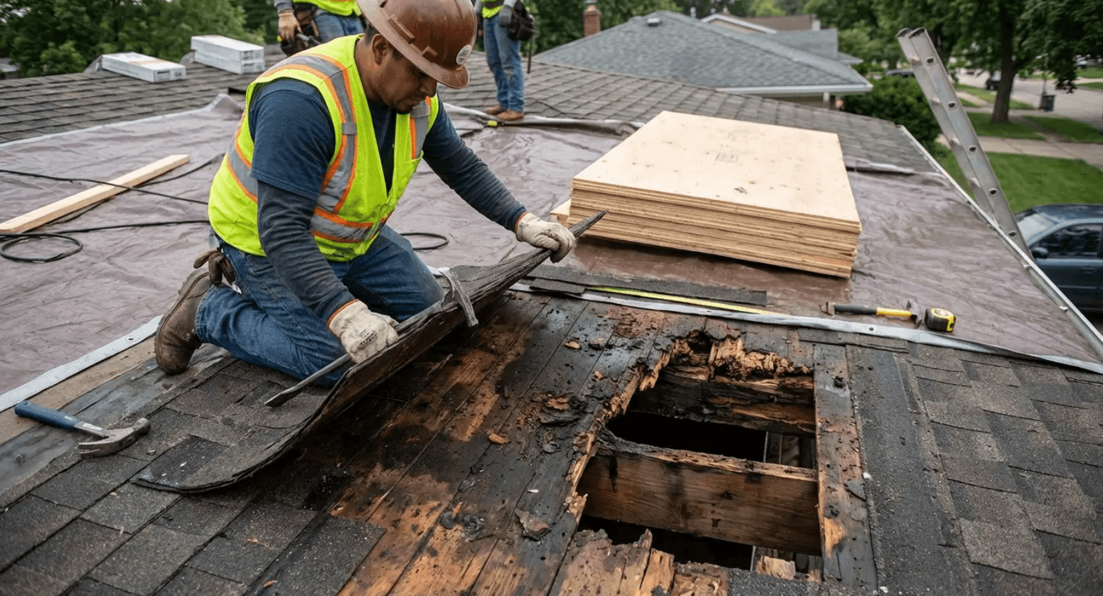 Worker in safety vest and hard hat repairing a damaged roof with exposed wood.