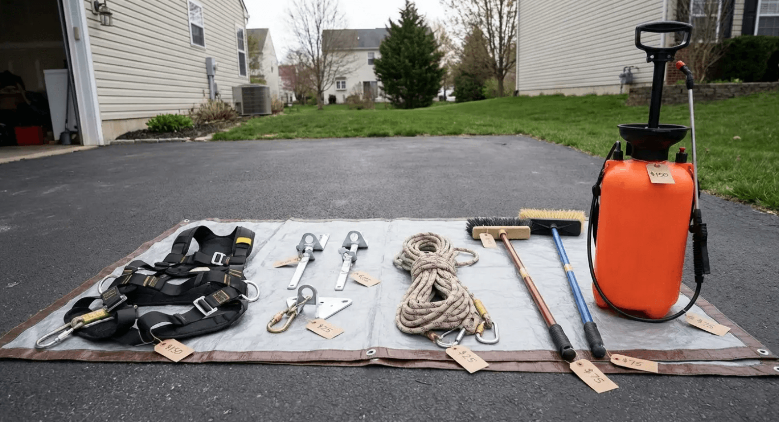 Gardening tools and supplies laid out on a driveway beside an orange water tank sprayer.