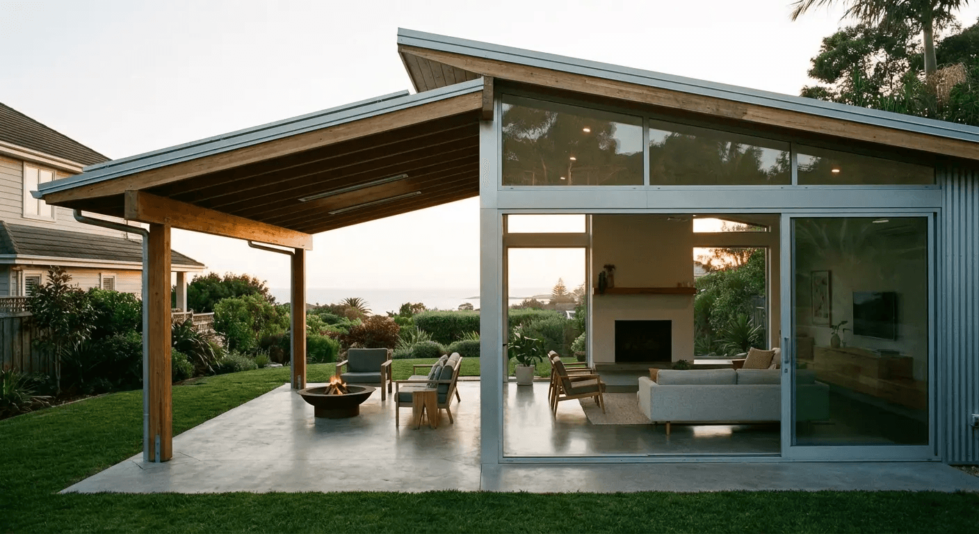 Modern house with open glass walls, covered patio, and outdoor seating overlooking a green lawn at sunset