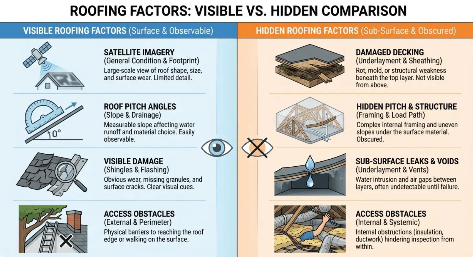 Roof diagram showing visible vs hidden factors missed by instant roof quote algorithms.