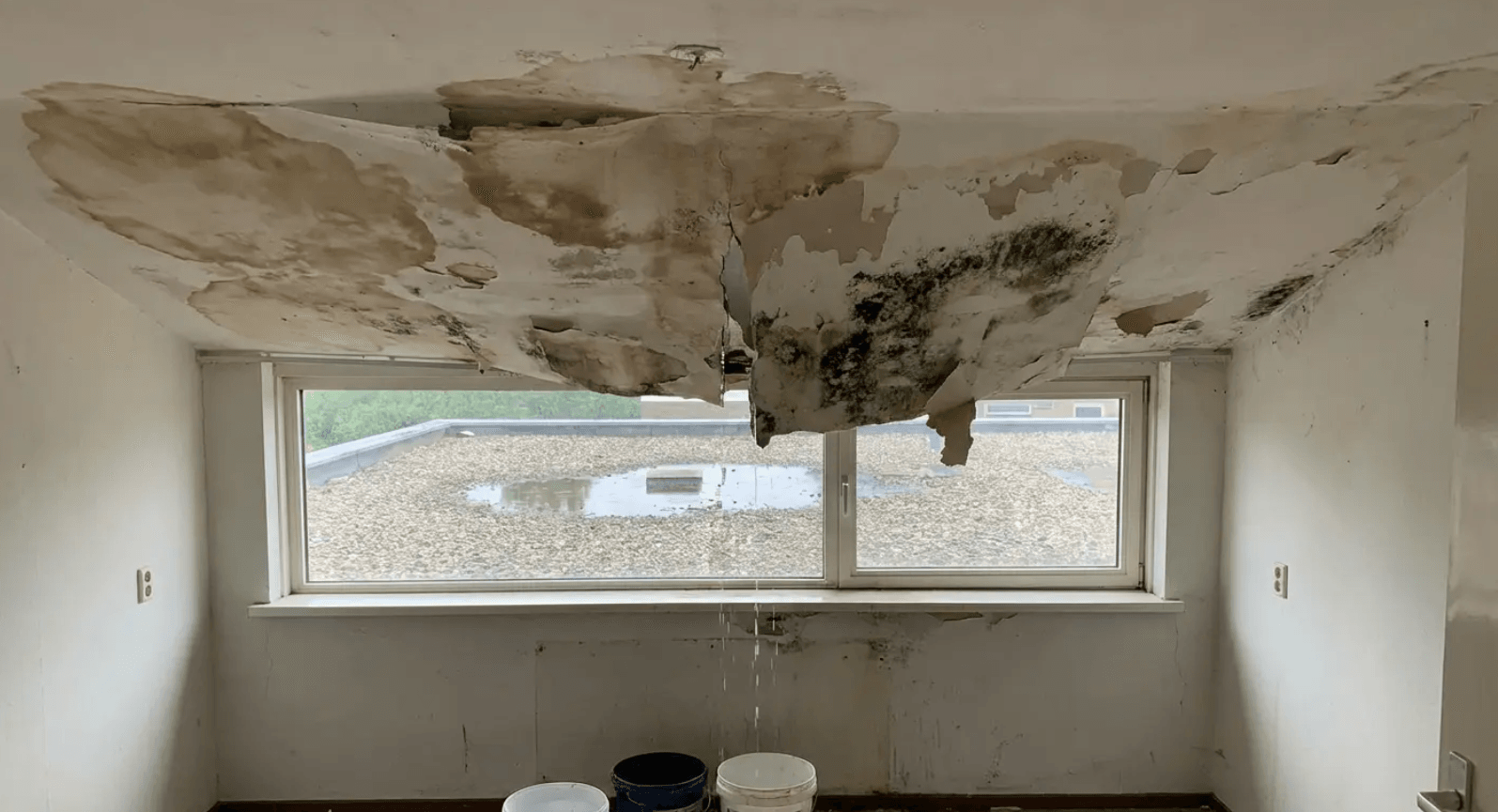 Interior ceiling damage from roof leak showing consequences of delaying flat roof replacement and rising repair costs
