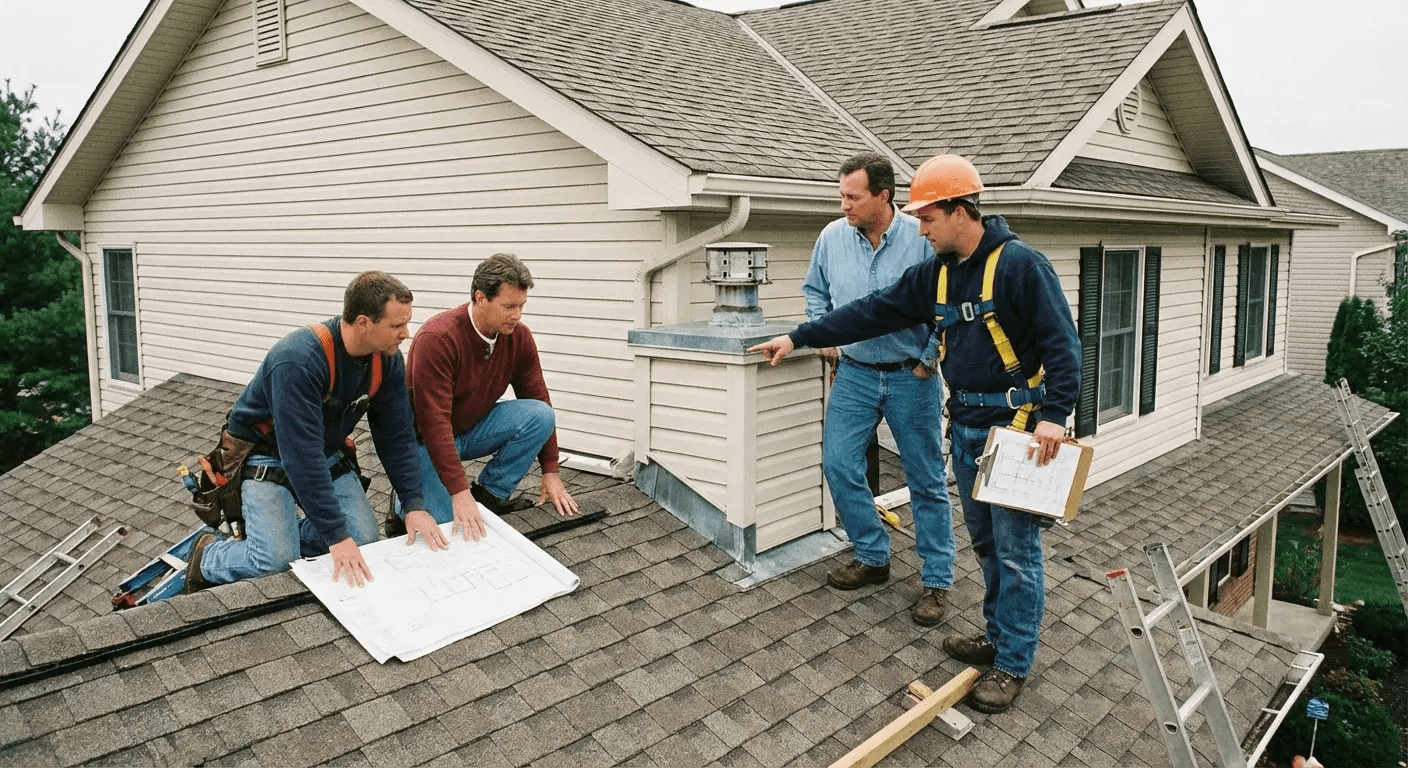 Workers inspect and discuss roof repairs on a gray shingled house beside a white siding wall.