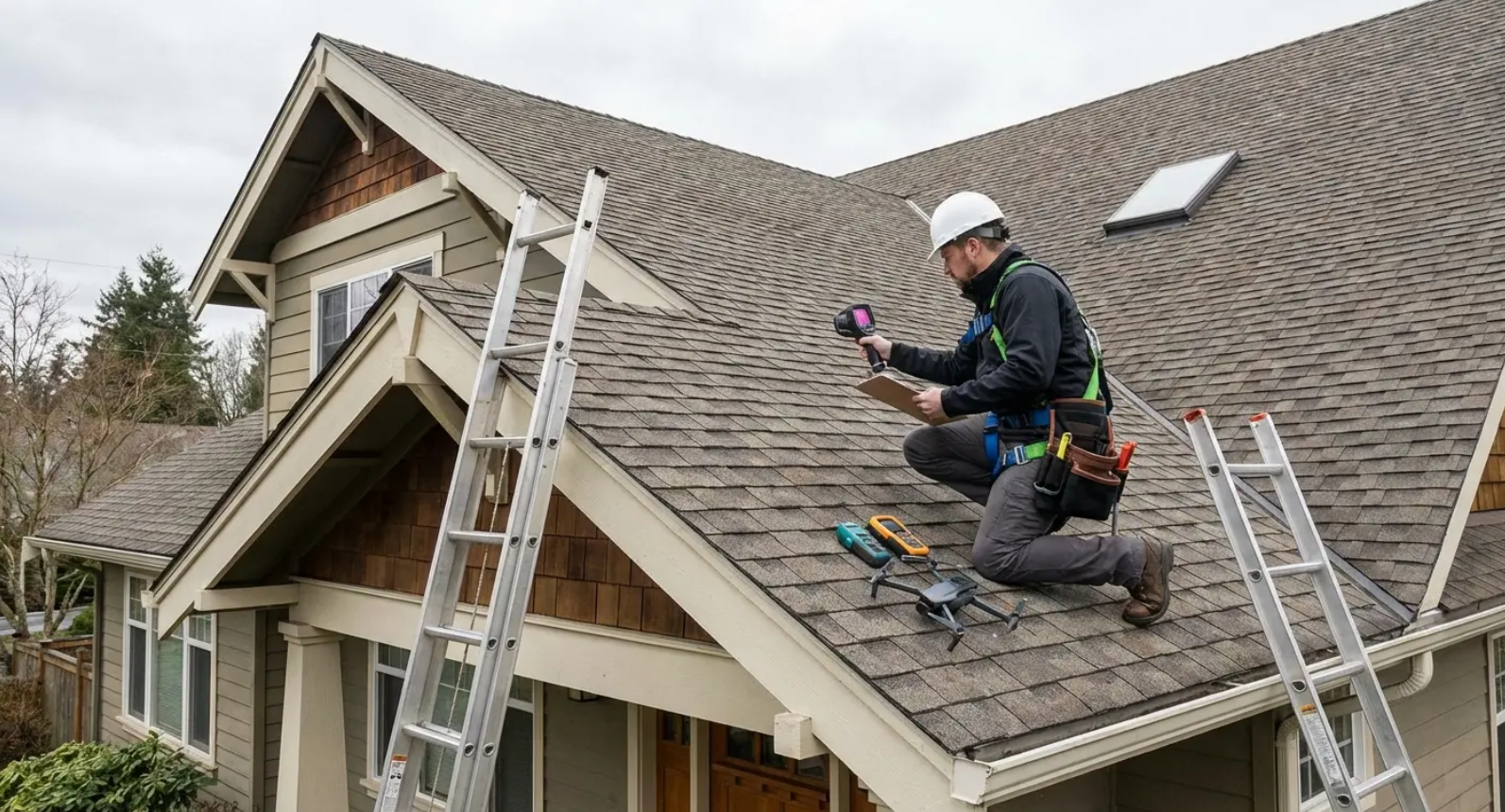 Worker on a roof inspecting shingles beside ladders and tools on a house under repair