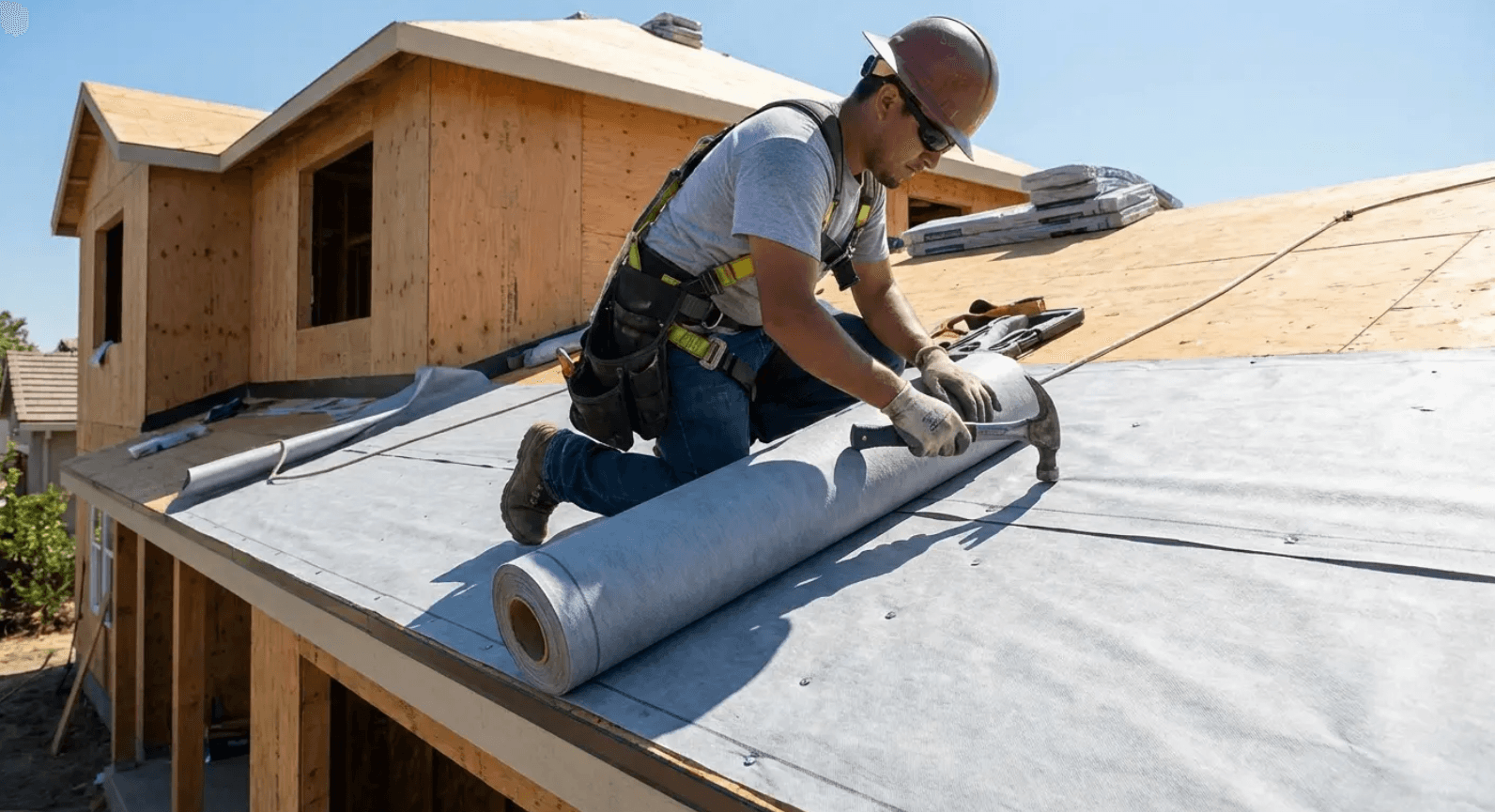 Worker installing roofing membrane on a house under construction