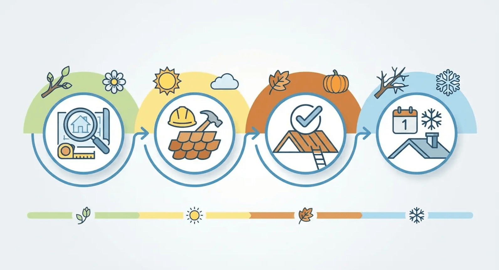 Four colorful circles show cloud, bricks, tools, and solar-panel icons in a construction/process timeline.