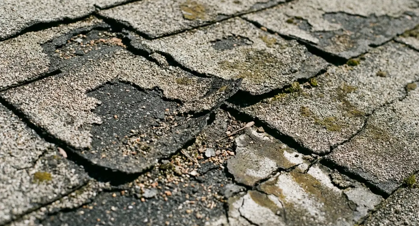 Damaged gray asphalt shingles with cracks, buckling, and missing pieces on a roof surface