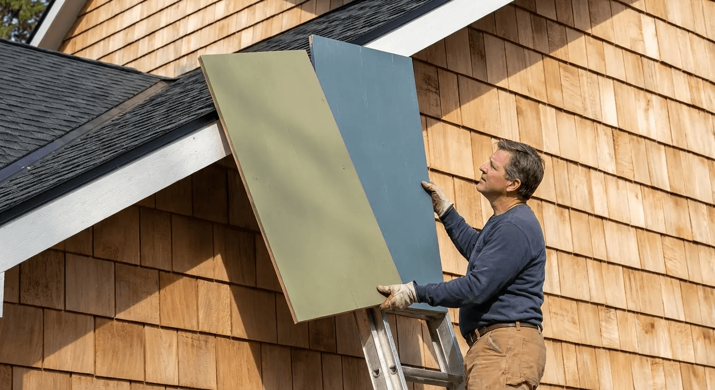 Testing paint samples against black roof