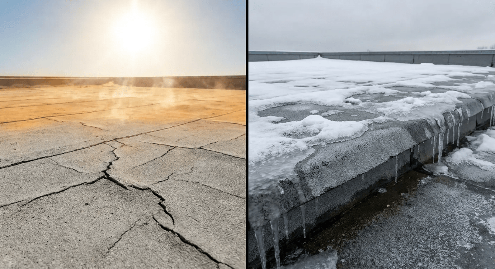 Flat roof damage from heat cracking and freeze-thaw cycles cutting roof lifespan short