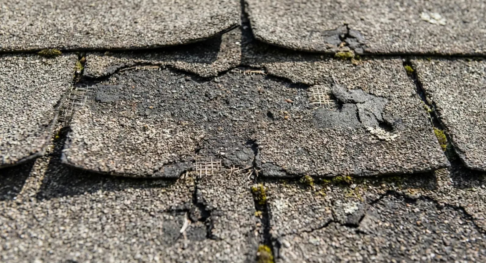 Damaged asphalt shingles on a roof, with cracked and lifted sections showing wear.
