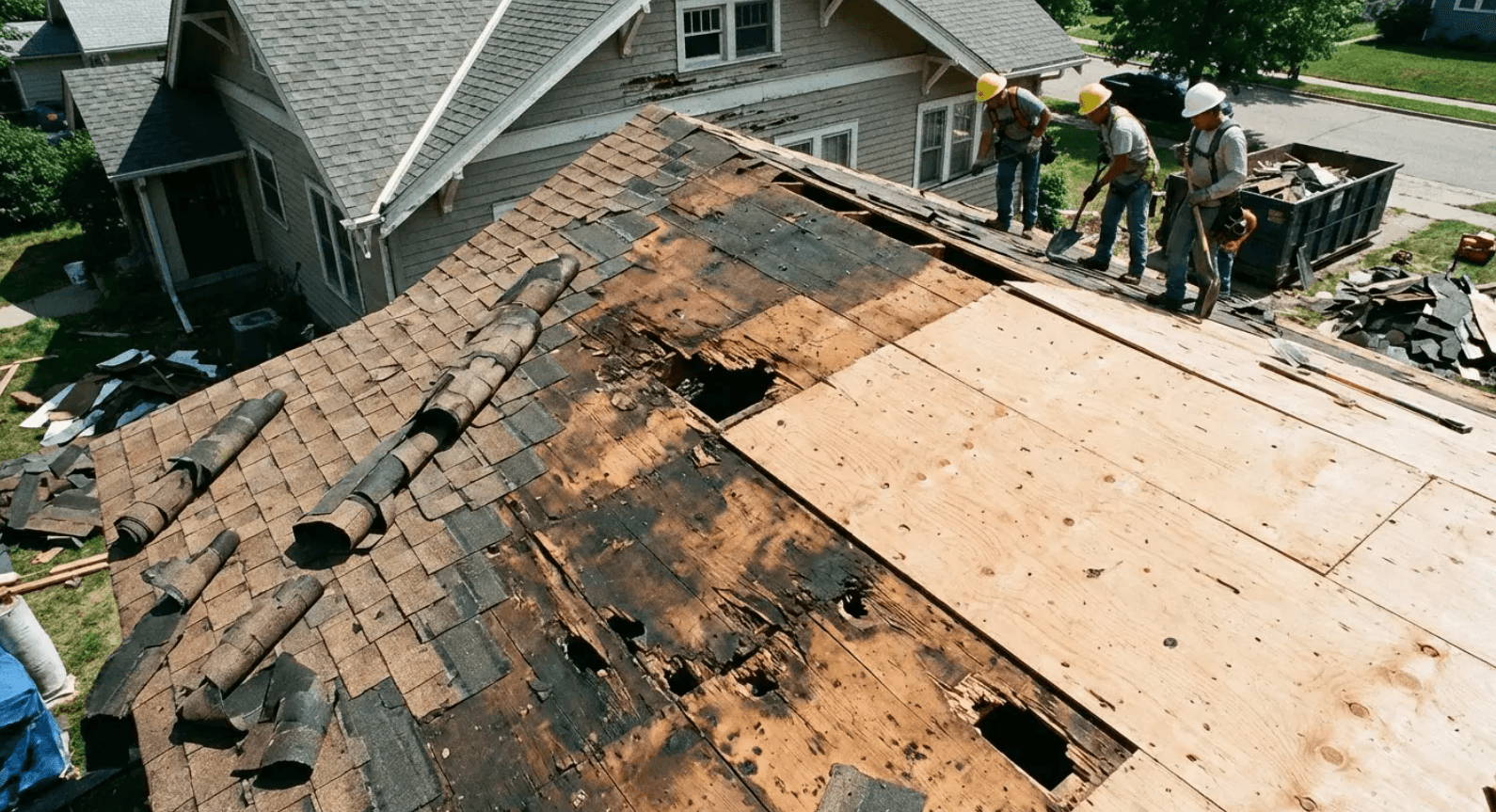 Roofing crew replacing damaged shingles on a house roof with plywood exposed.